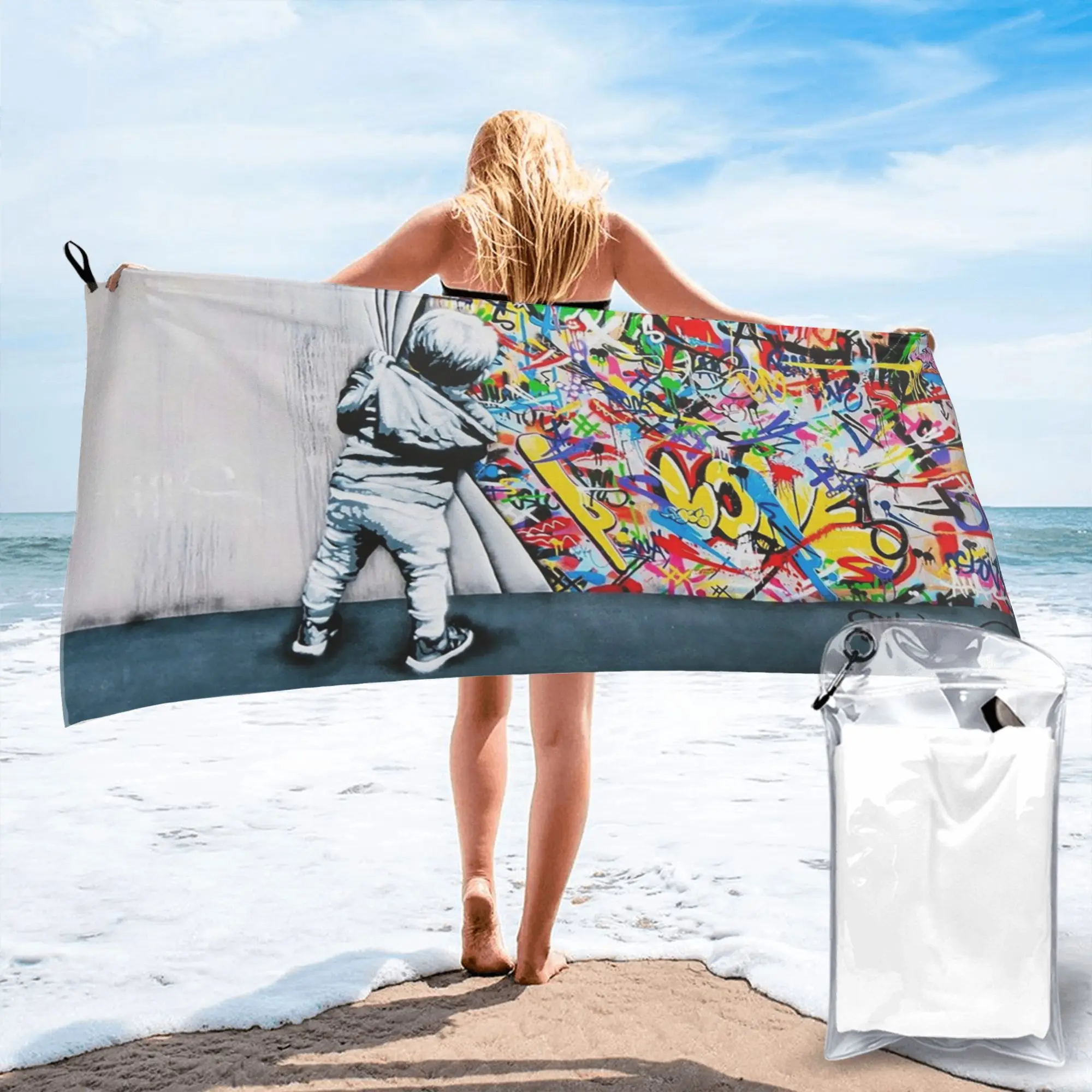 Behind The Curtain Boy - Banksy Street Art Mural Beach Towel Soft Microfiber Quick Dry Absorbent Quick Towels For Pool