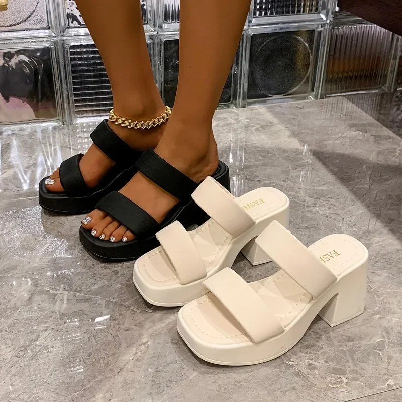 

Ladies Square Toe Platform Block High Heels Slide Ladies Fashion Casual Slippers Summer Spring Plus Size 41 42 Platform Slippers