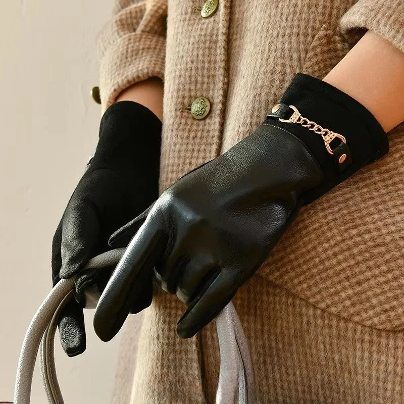 

Fashion Winter Warm Suede Leather Plus Velvet Keep Warm Chain Gloves Fashion Elegant Touch Screen Soft Cycling Windproof Mittens