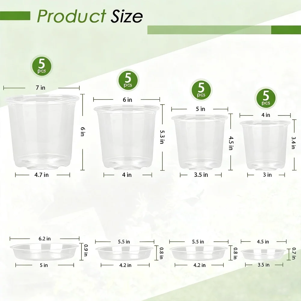 Plastic Clear Nursery Pots 25 Piece Set with Drainage and Saucer for Home Garden Greenhouse and Starter Plants