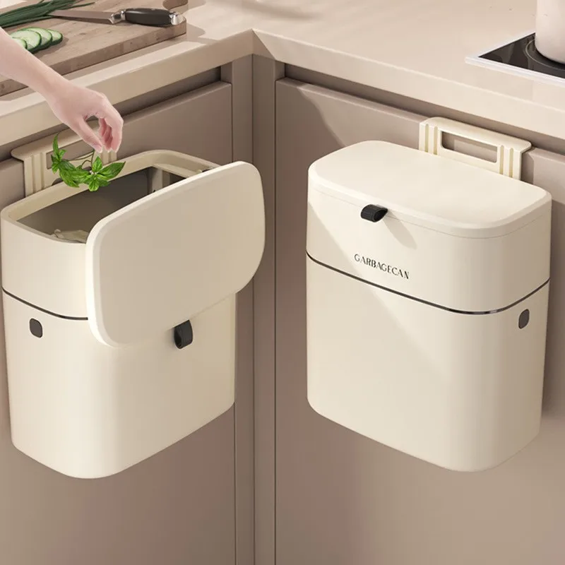 Kitchen Hanging Garbage Bin, Household Cream White Seamless Sticker Cabinet, Garbage Basket With Lid, Household Wall Hanging