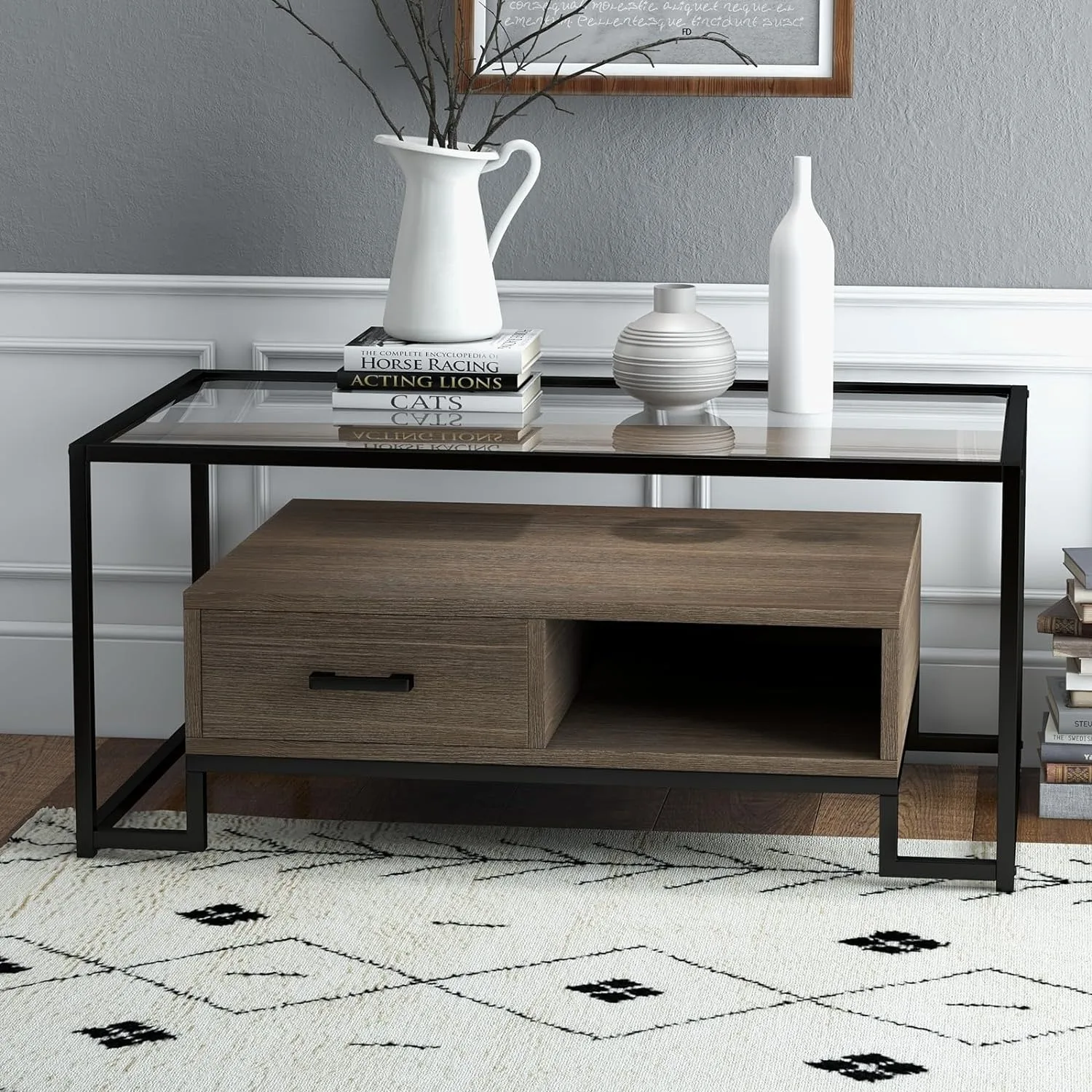 Rectangular Coffee Table, Glass Coffee Table with Storage Shelf & Drawer Mid Century Glass Top Accent Table for Home Living Room