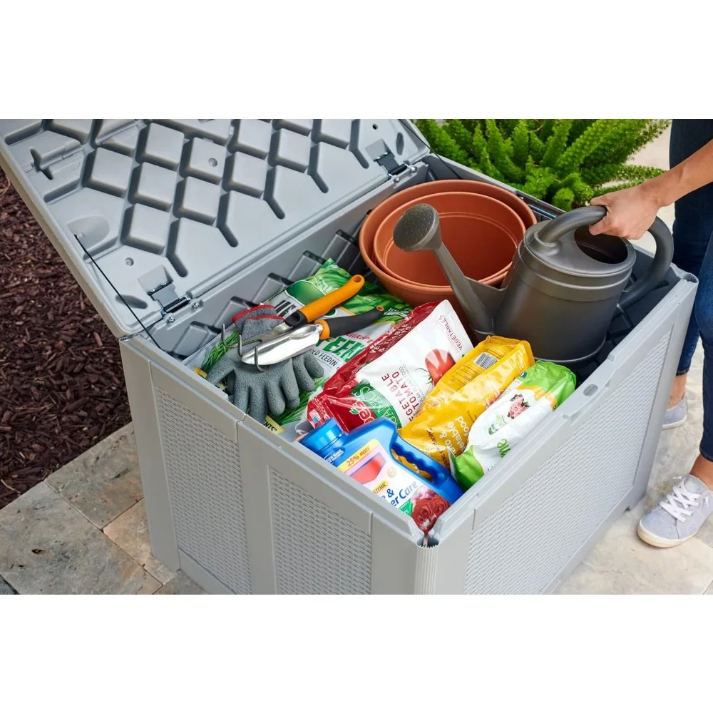 Caixa de armazenamento externa de resina média (74 gal), resistente às intempéries, cinza, organização de deck para almofadas