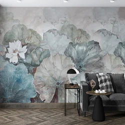 Papel tapiz autoadhesivo 3D personalizado, Mural Retro pintado a mano, decoración de loto, fondo