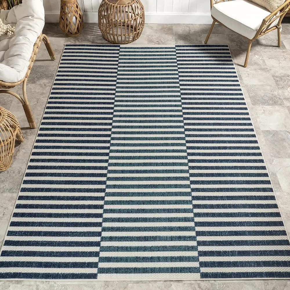 

Ciela Striped 6' 7"" X 9' Indoor/Outdoor Area Rug For Living Room Patio De Front Porch Kitchen, Blue/Turquoise