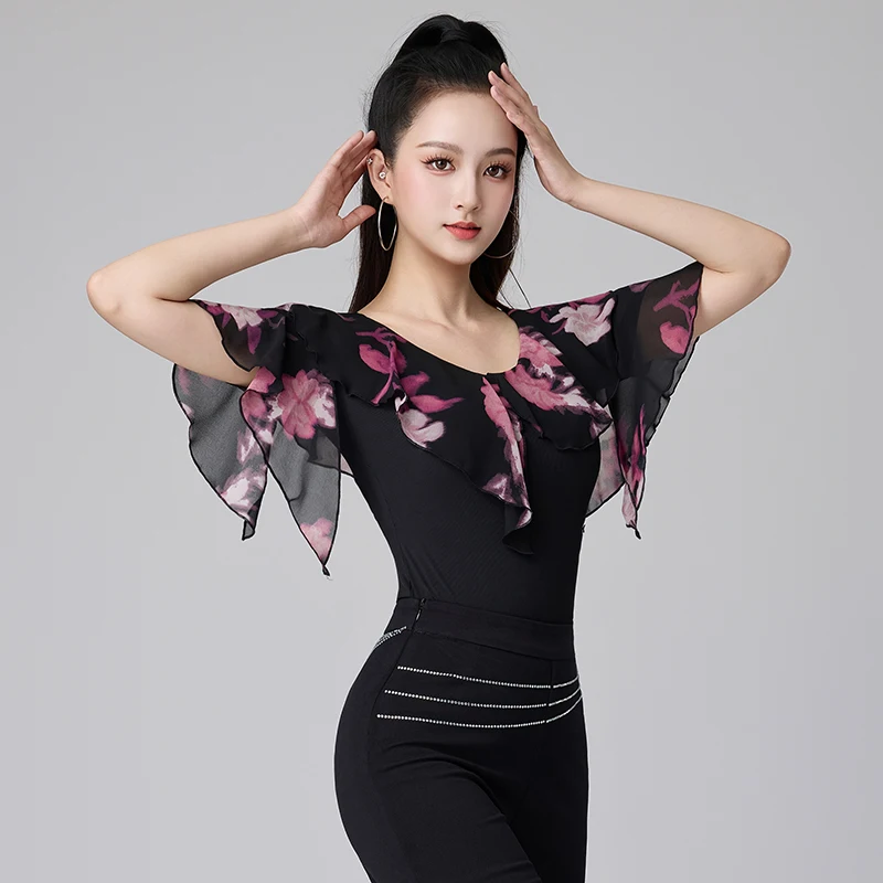 

Women Flowy Chiffon Spliced Latin Dance Top Modern Ballroom Competition Practice Performance Costume performance accessories