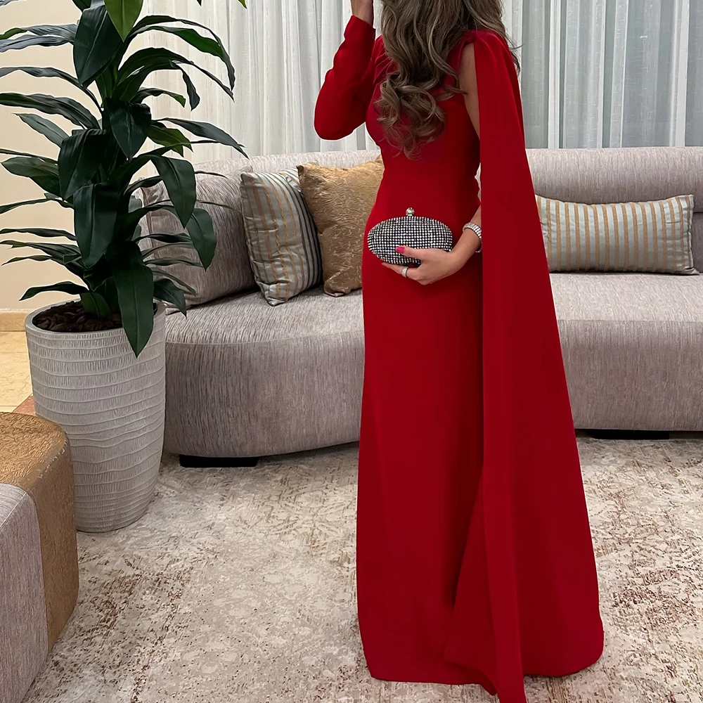 

Dubai Evening Caftan Elegant Party Evening Dresses Woman Straight Solid Color Long Sleeves Jersey Watteau Train Floor Length