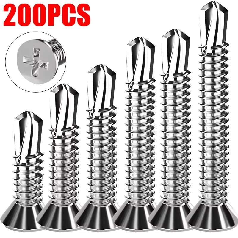 50/200PCS M4.2 Stainless Steel Self-Tapping Screws Cross Flat Head High-Strength Quick Self-Drilling Metal Screw Fixing Fastener