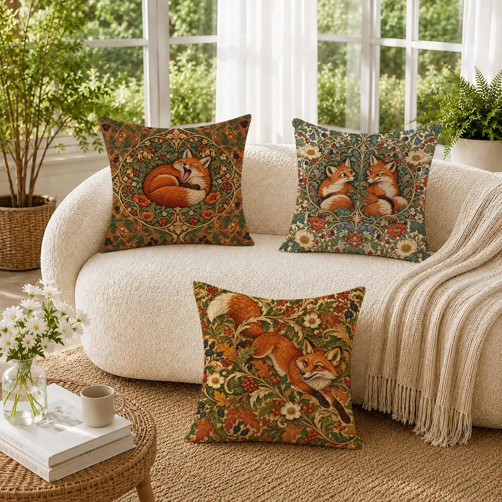 William Morris Forest Fox Cushion Cover Soft Short Plush Pillow Cases Hidden Zipper Cutecore Sofa Bedroom Home Decor Gift