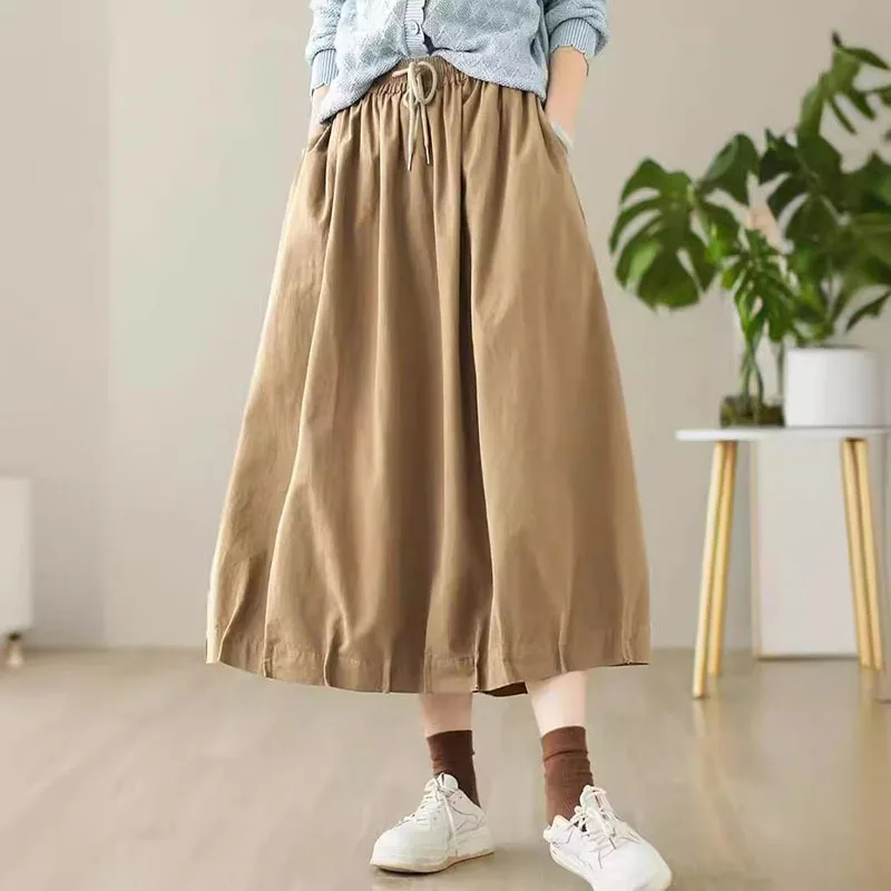 

NINI WONDERLAND Summer 2024 Summer Cotton Pleated A-Line Skirt Women Elastic Waist Casual Loose Skirt Mori Girls Style Skirt