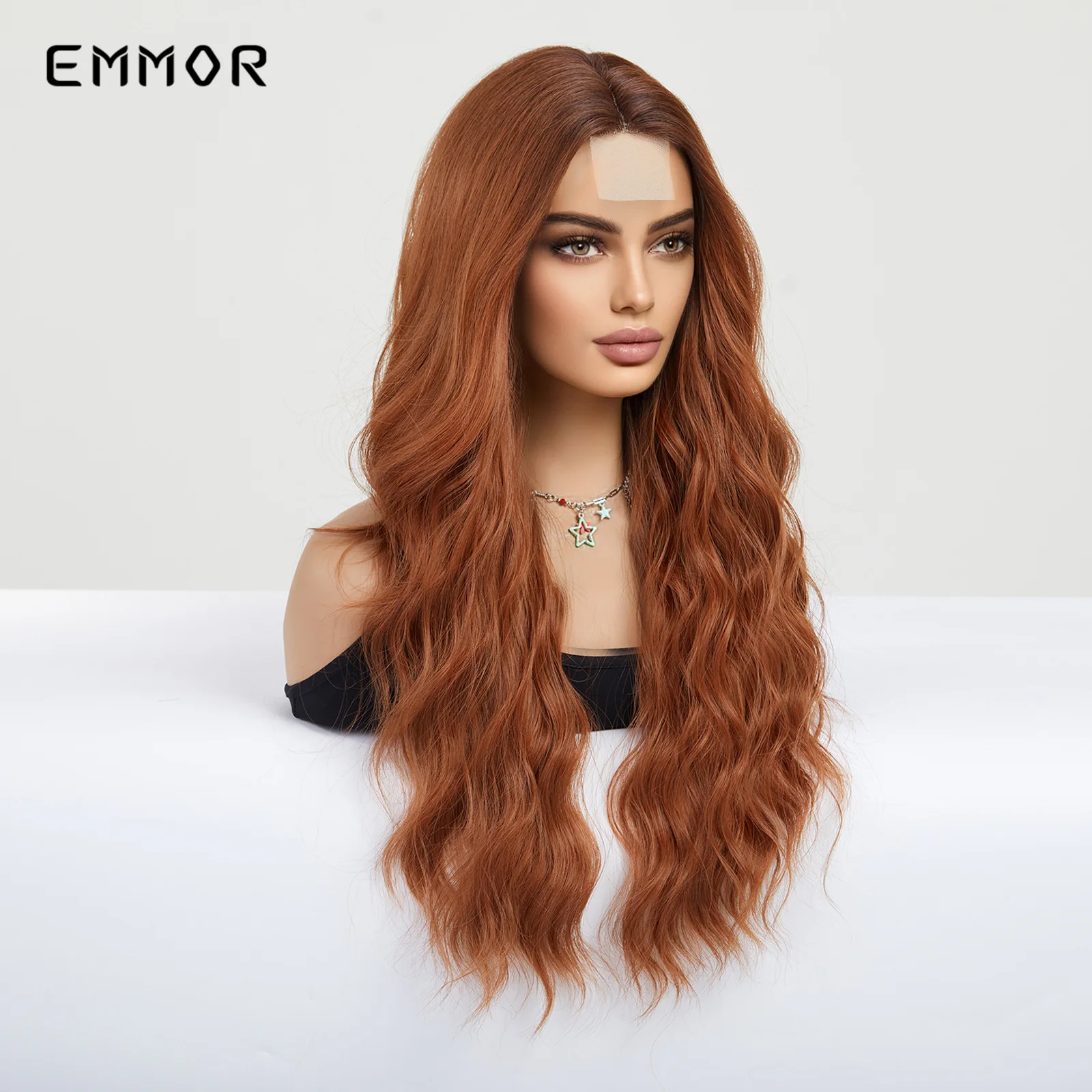 Emmor-Ombre Orange Brown Wig with Bangs for Women, Synthetic Dark Wavy Wigs Cosplay Party, Lolita Use, Heat Resistant Fiber Hair