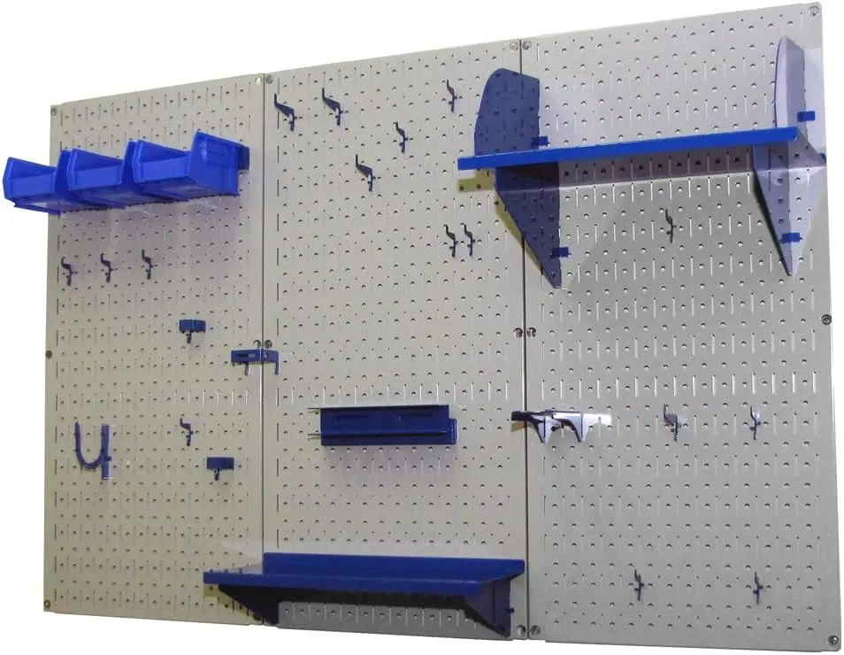 Pegboard Organizer Wall Control 4 ฟุต Metal Pegboard Standard Tool Storage Kit พร้อมกระดานเครื่องมือสีเทาและอุปกรณ์เสริมสีน้ําเงิน