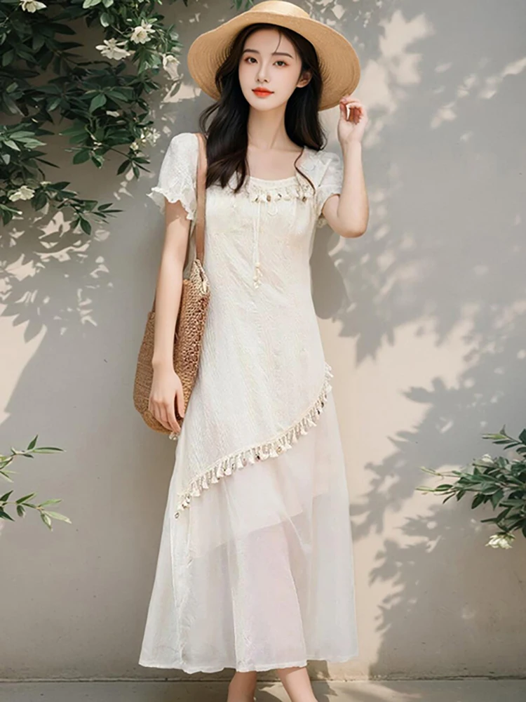 

Women Korean Vintage Luxury Party Vestido Summer White Jacquard Patchwork Tassel Chic Long Dress 2025 Elegant Bodycon Dress Gown