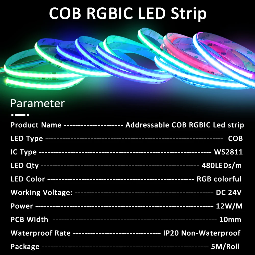 Imagem -02 - Rgbic Cob Led Strip Lights para Decoração de Quarto Lâmpada de Fita Chasing Effect Rgb ic Ws2811 24v 480 Diodos 5m 10m 15m 20m