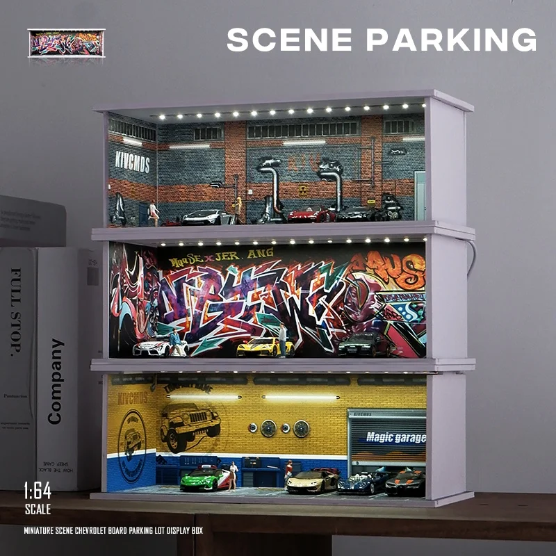 1/64 Lighted Parking Garage Diorama, PVC Snap-together Micro Model Kit , Simulation Scene Decoration  (Cars & Figures EXCLUDED)