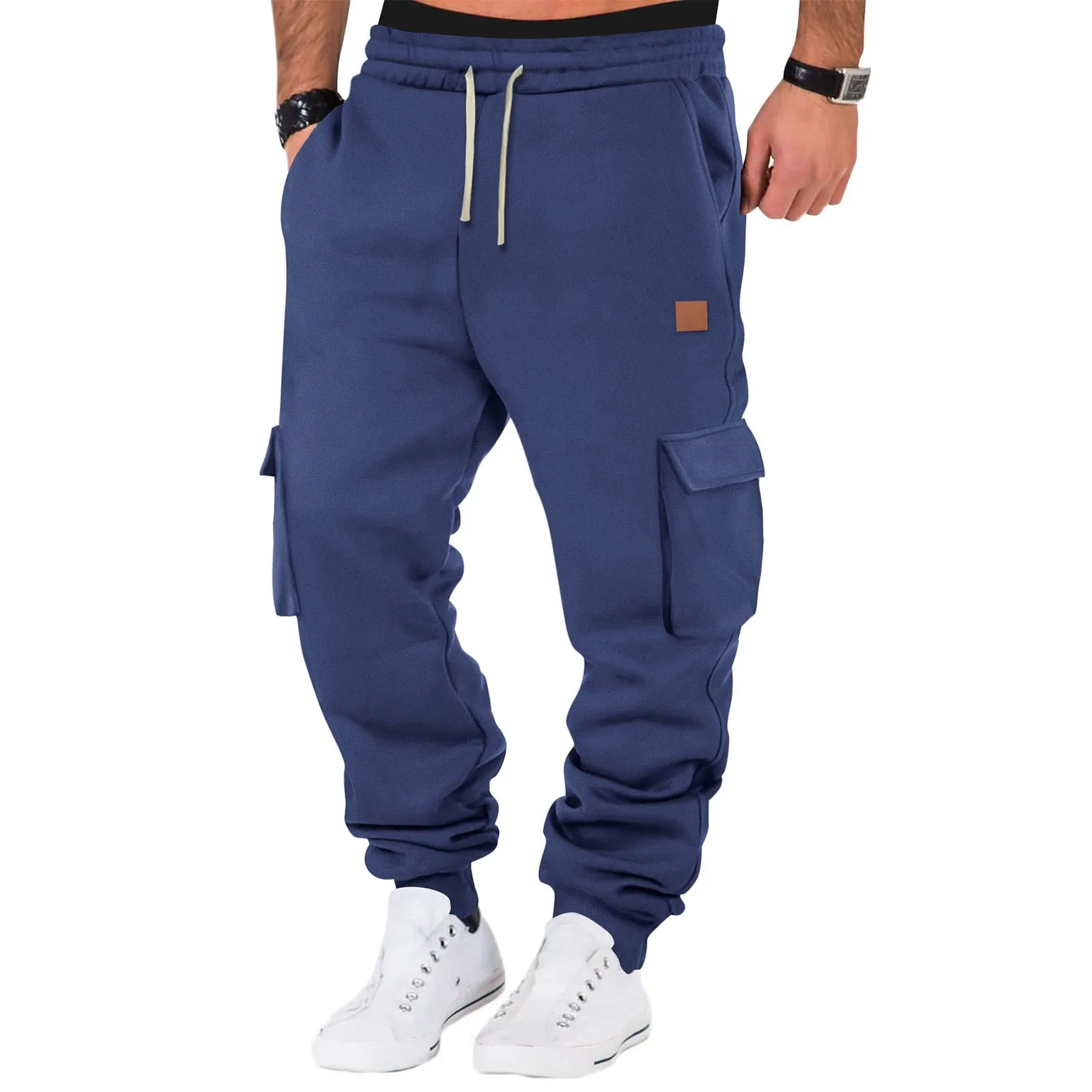 Multi Pockets Men Jogging Sweatpants Casual Drawstring Sports Solid Color Leather Label Trousers For Men Hip Hop Versatile Pants