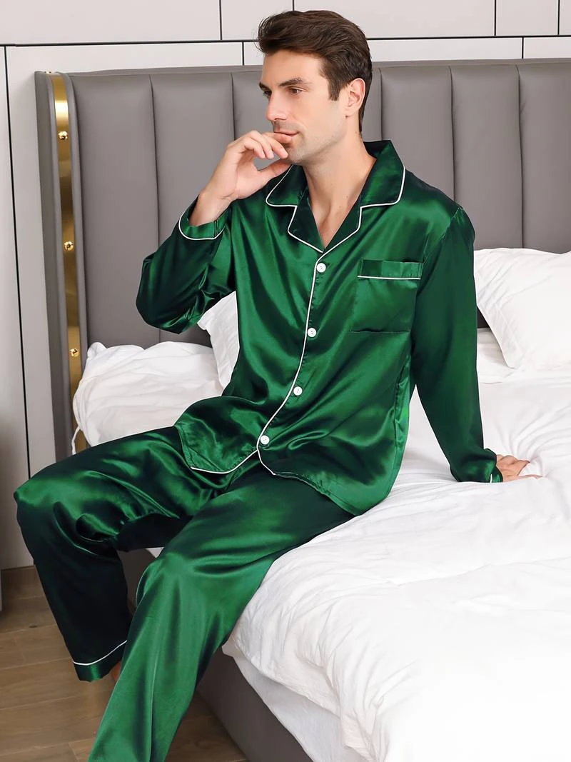 Men's Satin Pajama Set, Silky Long Sleeve & Pants, Breathable Sleepwear Loungewear Set Comfortable Relaxed for Men Pijama Pyjama
