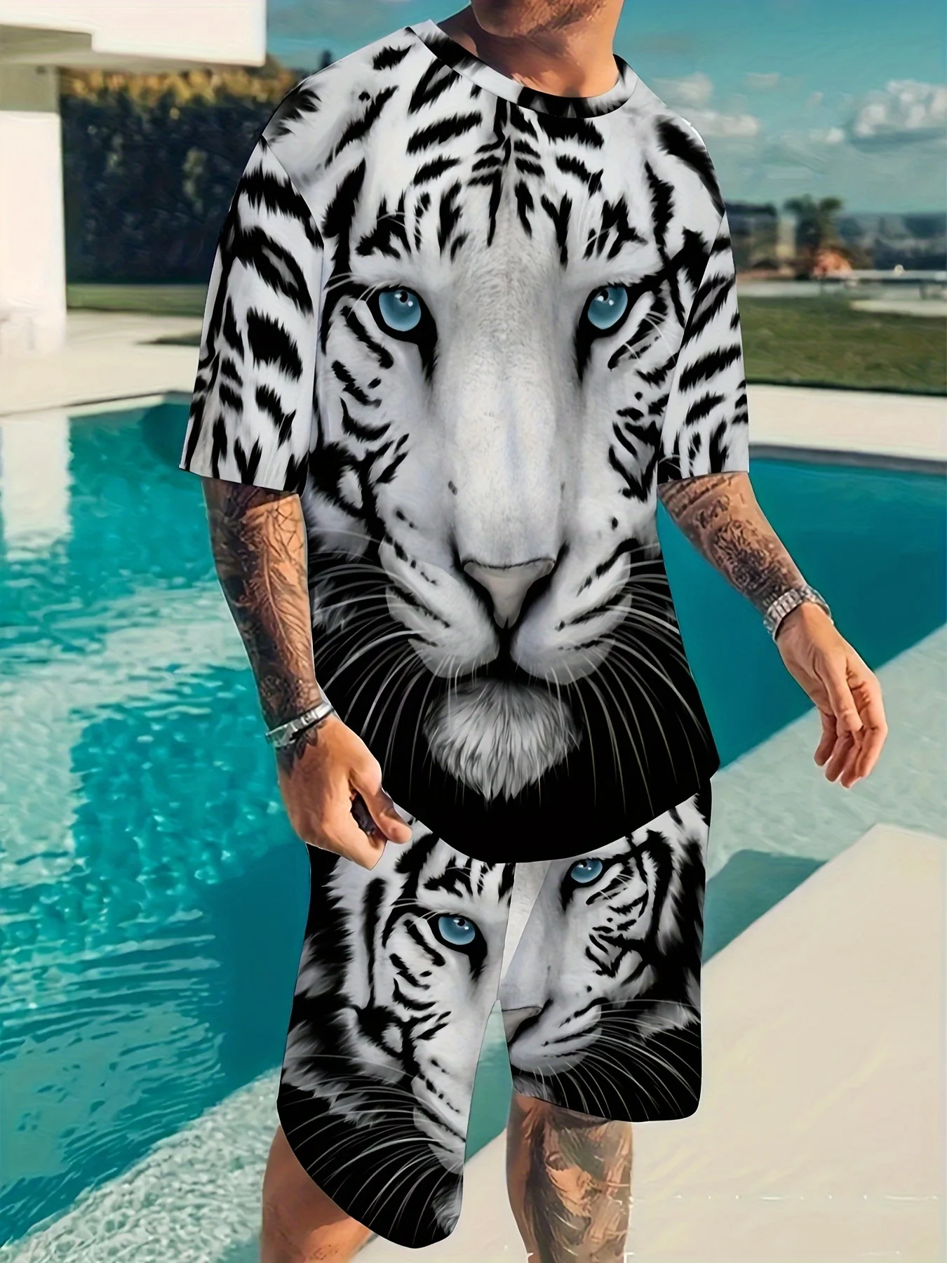 3d Fierce Tiger Men Tracksuit Summer T-shirts Set Fashion Men Shorts 2PCS Outfit Tracksuit Mens Clothing suits