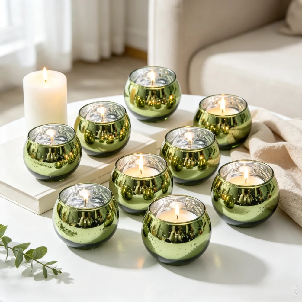 6/12Pcs/set Mercury Glass Tealight Candle Holders Round Speckled Votive Candle Cups Romantic Table Decor for Wedding Party Home