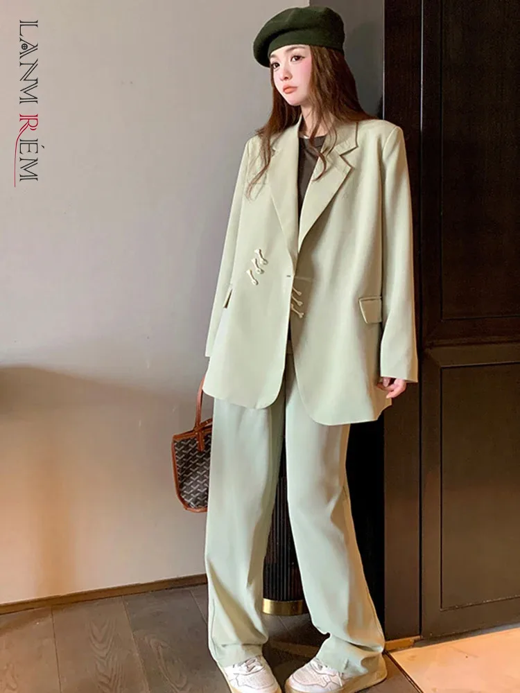 

LANMREM Office Lady Two-piece Set Notched Rivet Design Loose Blazer With Long Pants 2024 Summer New Clothing 2Z1554