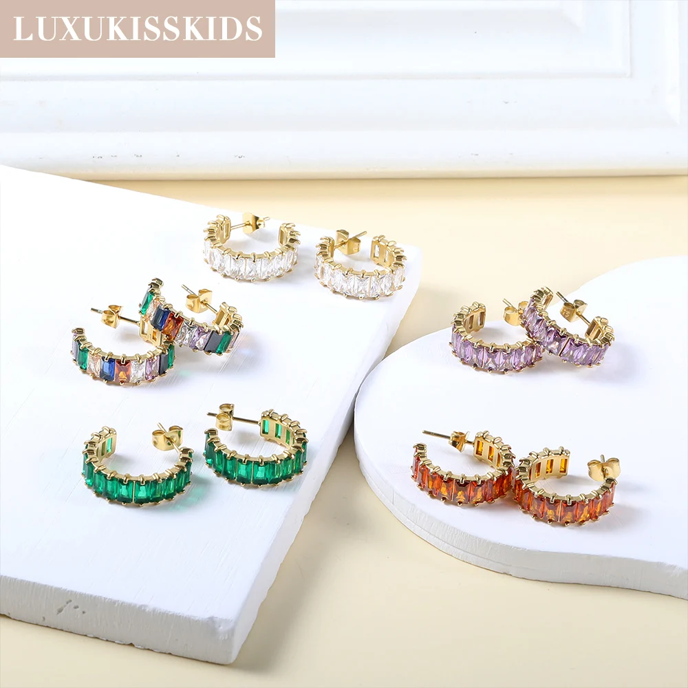LUXUKISSKIDS Trendy C Tennis Hoop Earrings Shiny Colourful Zirconia Luxury Stainless aretes Women Summer Clips French Jewelry image 2