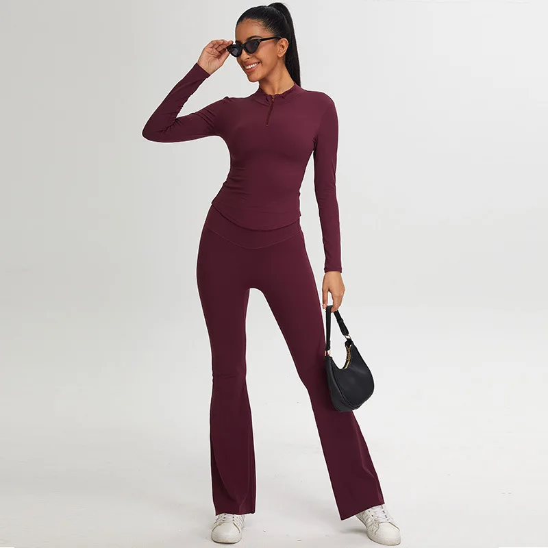 

New Autumn and Winter Slim Fit Yoga Suit Set Women's Half Zipper Sports Top T-shirt Slightly Flared Wide Leg Yoga Pants