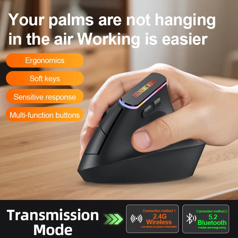 Mouse Bluetooth sem fio Lenovo 2.4G de modo duplo, design vertical ergonômico, portátil, silencioso, para jogos de escritório, para uso universal
