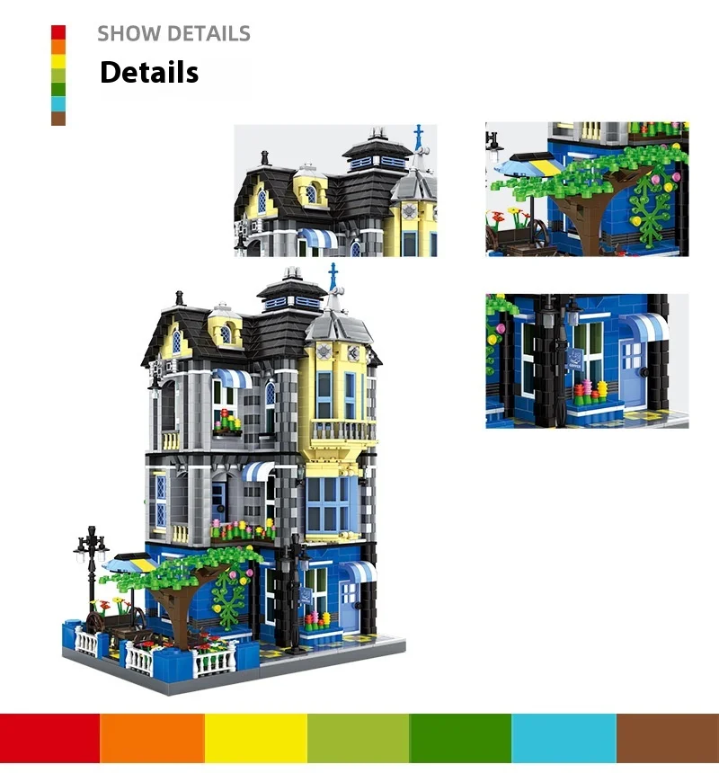 Wange-Bausteine, Garten-Café, Architekturmodell: Mini-Partikel-Bauset im europäischen Stil mit Blumendekorationen für Kinder