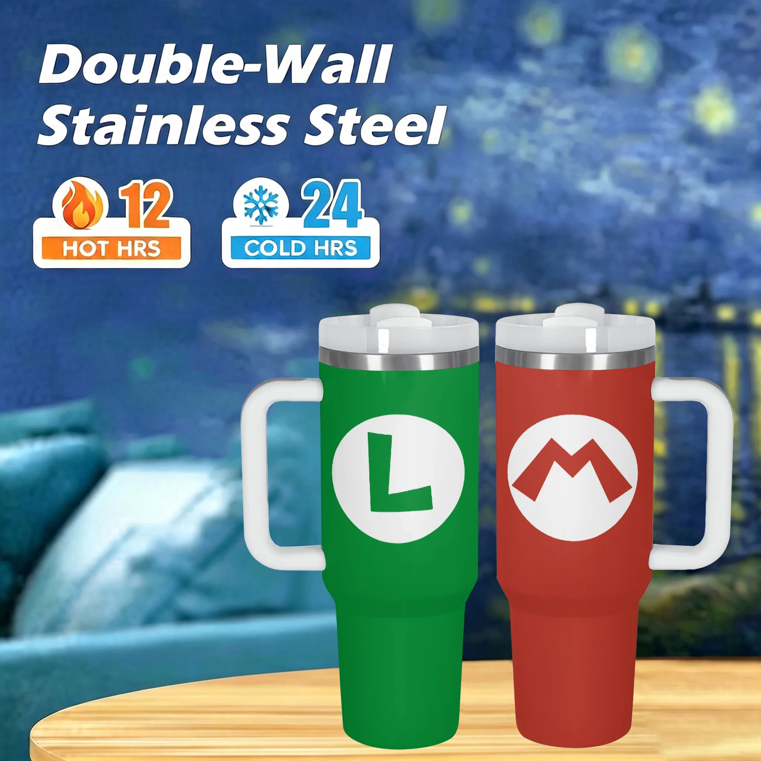 40oz Letter M-L Bros Game Vacuum Flask Stainless Steel  Insulated Water Bottle with Handle Straw for Hot Cold Drink Tumbler