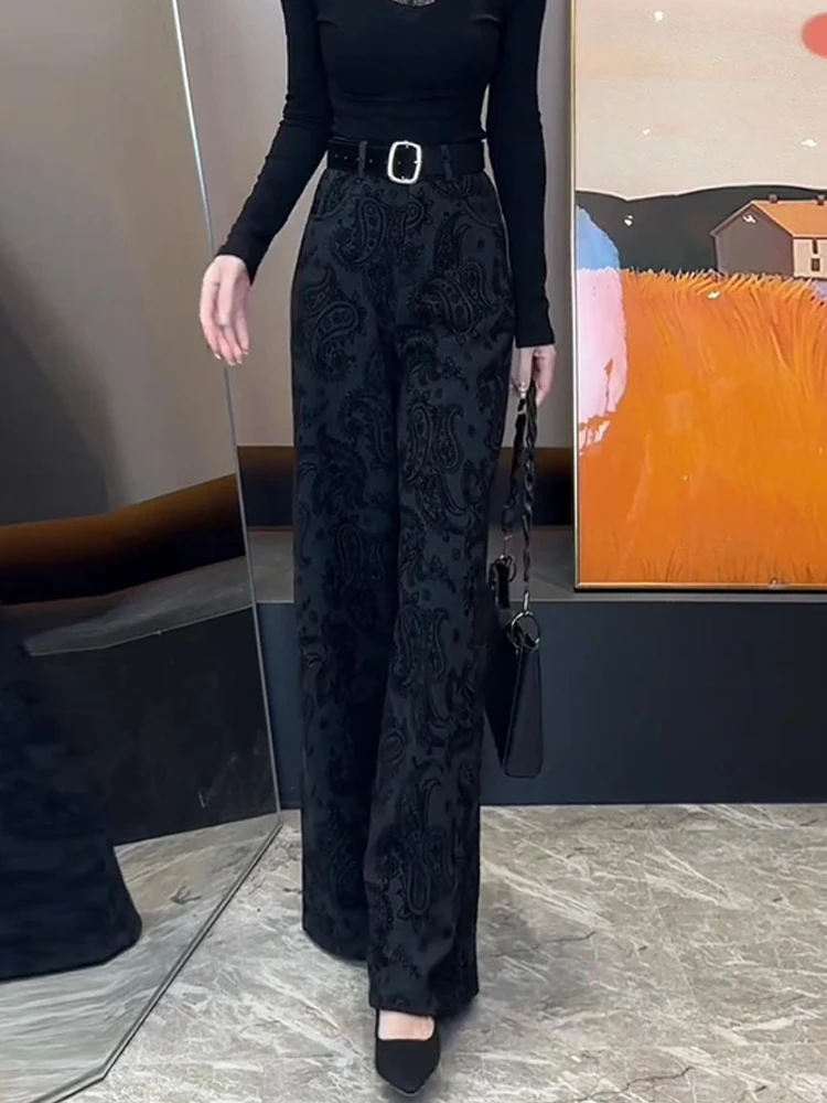 

Женские модные универсальные свободные повседневные длинные брюки с высокой талией, цветочным принтом, на флисовой подкладке, прямого кроя, широкие штанины