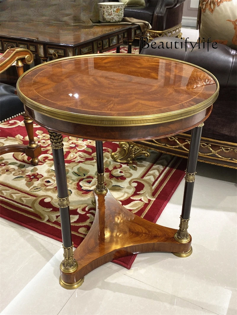 European solid wood round edge table American small coffee table brass piece living room sofa round coffee table telephone