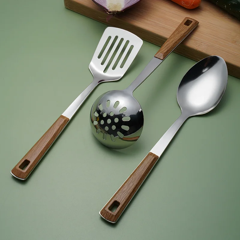 Stainless Steel Cooking Tool Set Wooden Handle Spatula Soup Spoon Restaurant Frying Sharp Shovel Colander Kitchen Utensils