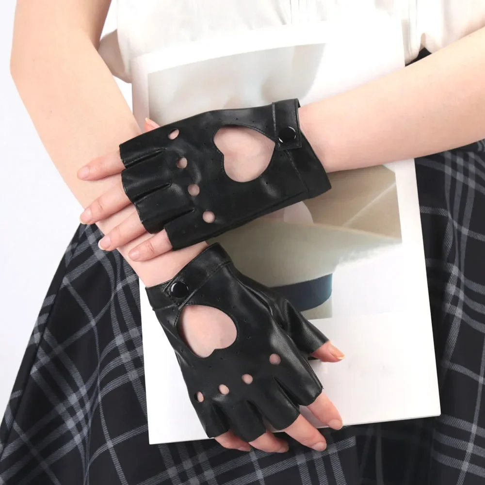 

1Pair Women Fashion PU Leather Black Half Finger Gloves Cool Heart Hollow Fingerless Gloves Boy Gloves Dance