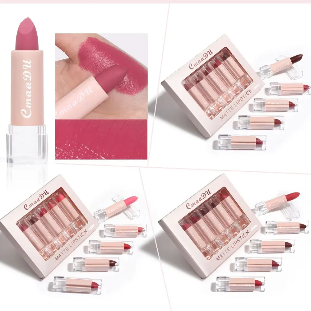 5pcs CmaaDu Matte Velvet Lipstick Set - Long-Lasting Waterproof Red Nude Lipsticks Collection Non-Stick Cup Makeup Cosmetics