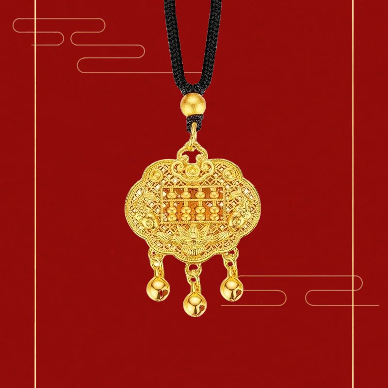 

9999 Real Gold 24K Ancient Long Life Lock Pendant Bell Safety Lock Pendant Retro Lucky Treasure Abacus Braided Rope Necklace