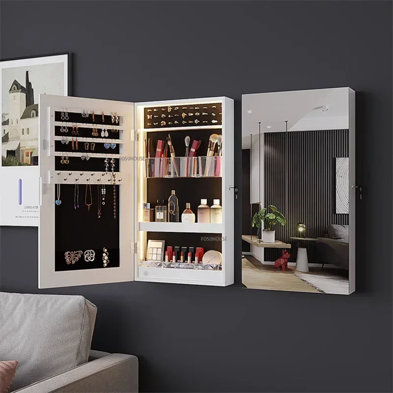 Wall-mounted Cosmetic Jewelry Storage Mirror Cabinet Modern Home Entrance Makeup Mirror Bedroom Multifunctional Dressing Mirror