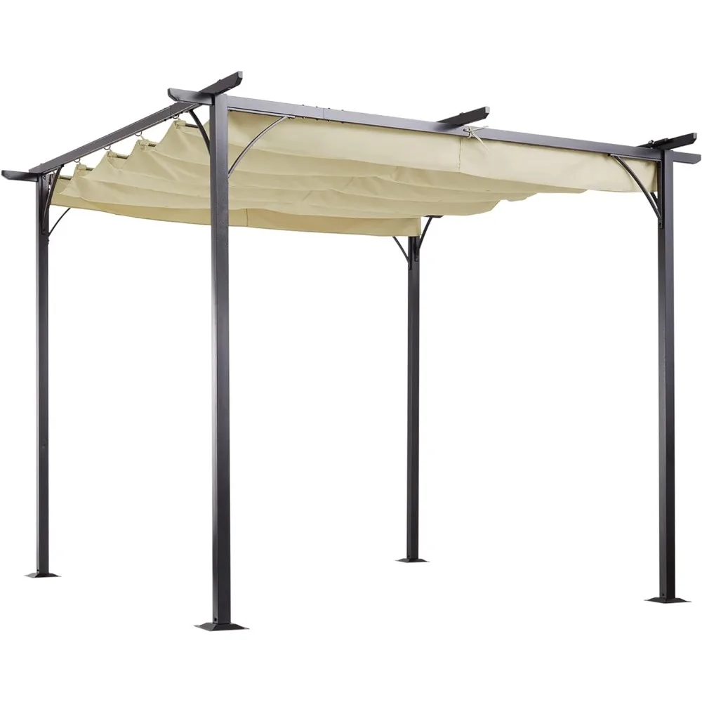 10' x 10' Outdoor Retractable Pergola Canopy, Metal Patio Shade Shelter for Backyard, Porch Party, Garden, Grill Gazebo, Beige