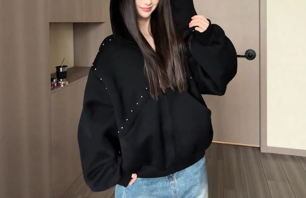 Casual Gray Studded Hooded Cardigan Sweatshirt for Women, Loose Fit Plus Size, Luxurious and Lazy Style Jacket