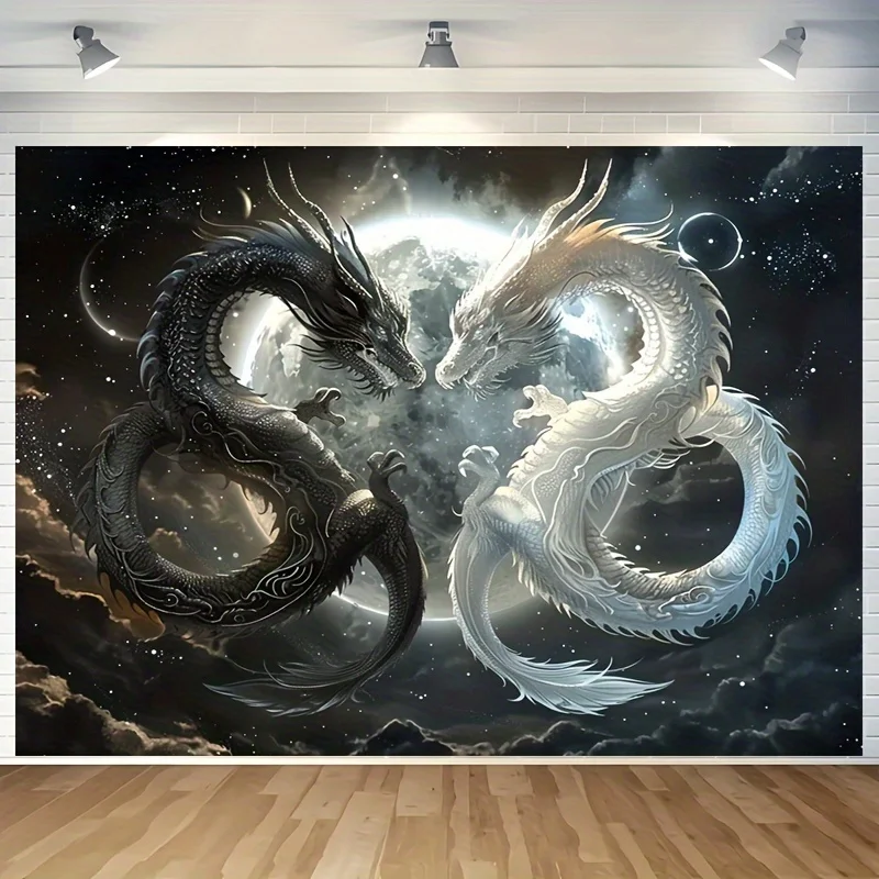 Mysterious Yin-Yang Double Dragon Pattern Tapestry, machine washable polyester, suitable for bedroom and living room decoration.