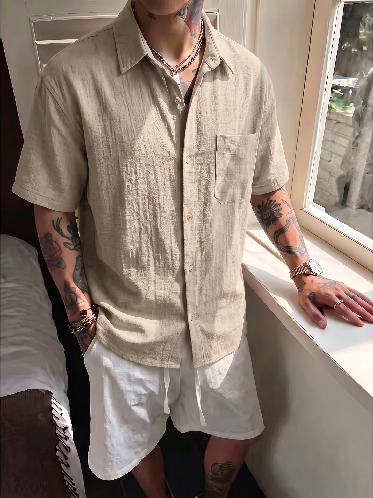 Café Brown Linen Short Sleeve Shirt Men Summer Loose Breathable Casual Vintage Half Sleeve Jacket Youth Popular Daily Wear