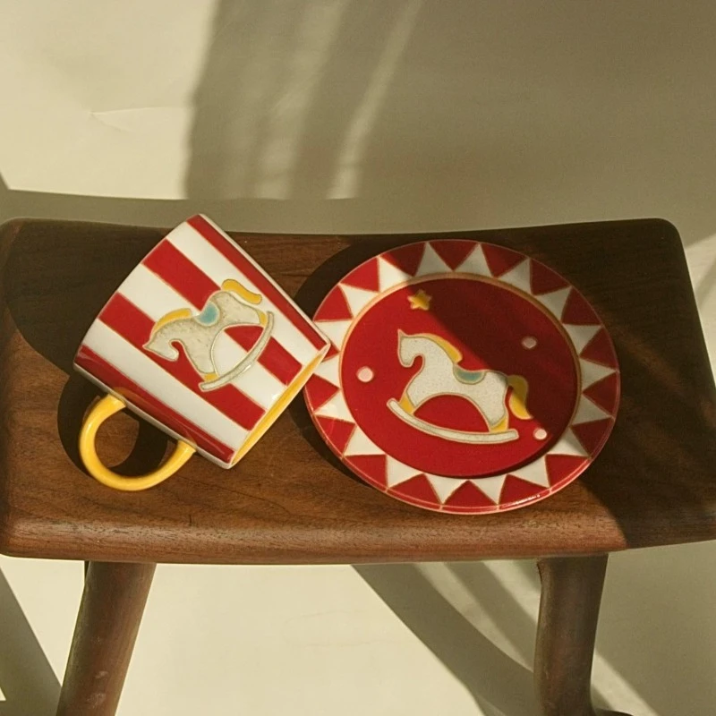 Vintage circus rocking ceramic cup with plate,red and white striped coffee cup,cute afternoon tea water cup as a gift for friend