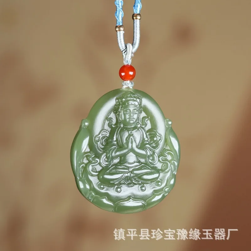 Natural Hetian Green Peace Guanyin Tara Men's Double-Sided Jade Pendant