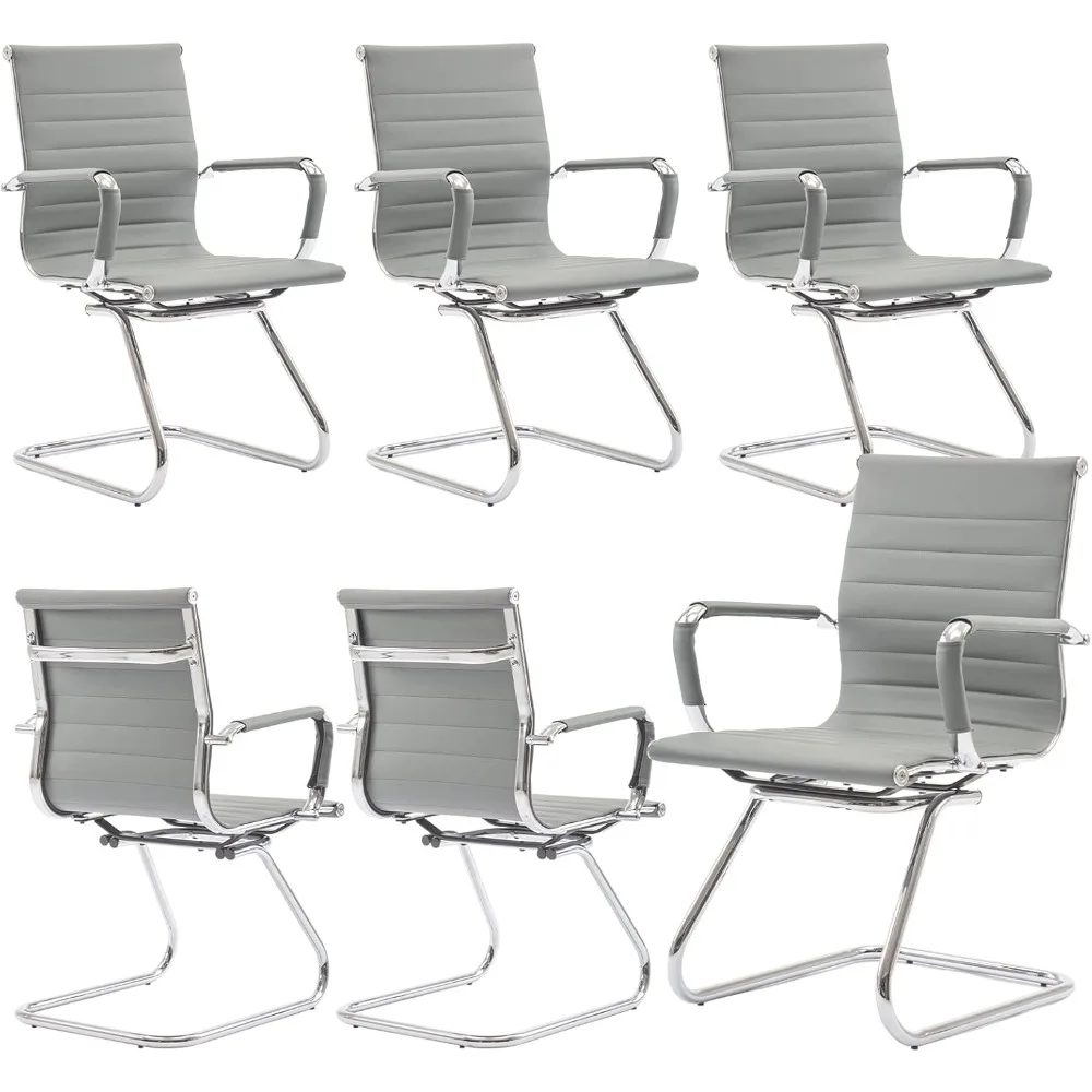 

Office Reception Guest Chairs Set of 6 Mid Back PU Leather Metal Leg Sled Base Conference Reception, Waiting Chair