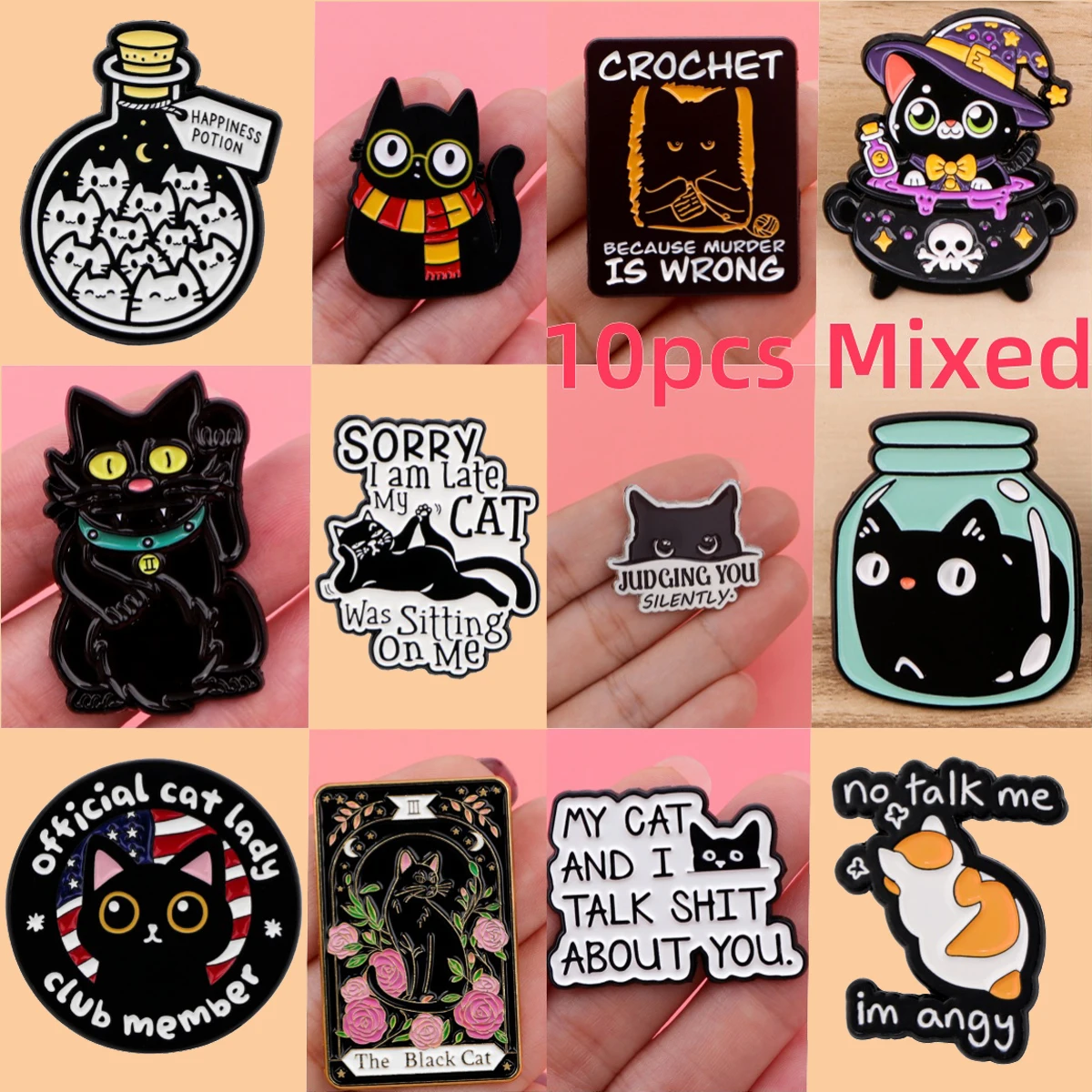 

10pcs/set Mixed Witch Black Cat Enamel Brooch Lapel Badge on Backpack Clothing Jacket Fashion Jewelry Accessories Friends Gifts