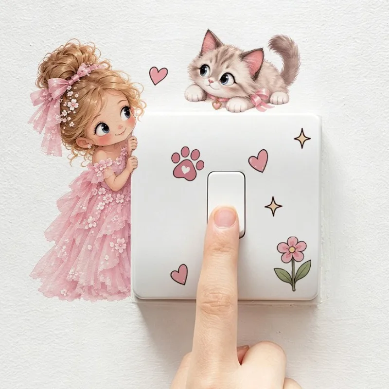 Cute Pink Dress Girl & Kitten Light Switch Sticker, Cartoon 3D Visual Socket Decal Self-Adhesive Home Bedroom Wall Decor