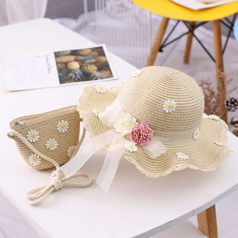 Girls Sun Straw Hat Kids Summer Beach Packable Hats set Cute Floppy Cap Adjustable Size with Chin Strap for 5-10 Years