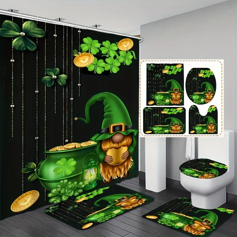 1/3/4pcs Green Four-leaf Clover Gnome Golden Coin Pattern Bathroom Set, , Machine Washable, Shower Curtain With No