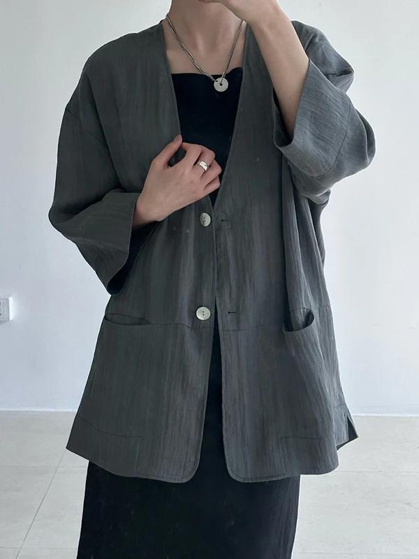 

Летний женский повседневный костюм-жакет больших размеров с V-образным вырезом, свободного кроя, тонкий, с защитой от солнца, средней длины рукава