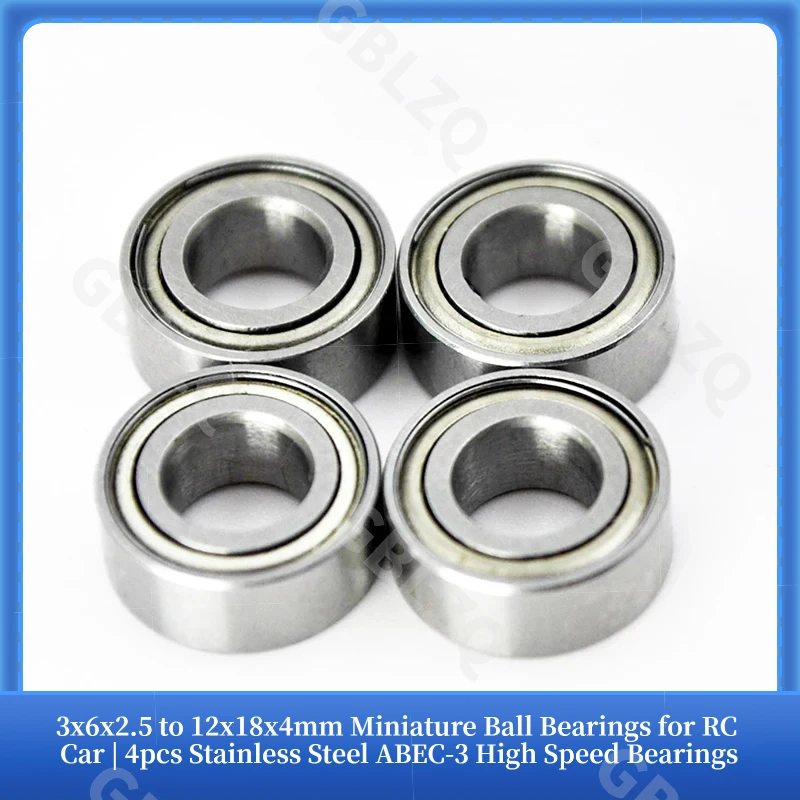 3x6x2.5 to 12x18x4mm Miniature Ball Bearings for RC Car | 4pcs Stainless Steel ABEC-3 High Speed Bearings
