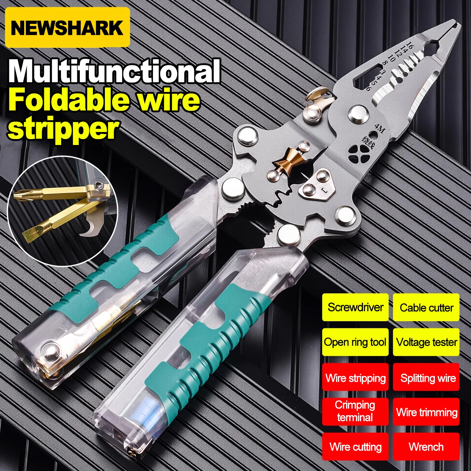 Multifunctionele draadstripper met elektrische testpen Opvouwbare kabelsnijder Crimper Tool, elektrische vouwtang voor snijden